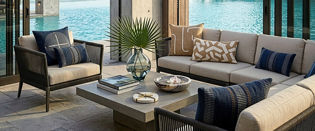 Elaine Smith fade-resistant outdoor pillows on patio furniture