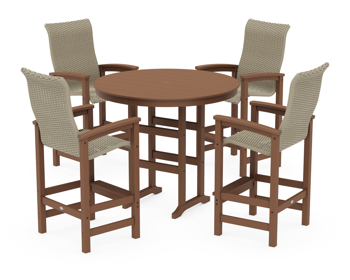 POLYWOOD Coastal Woven High-Back 5-Piece Round Farmhouse Bar Set in Teak / Dune Grass