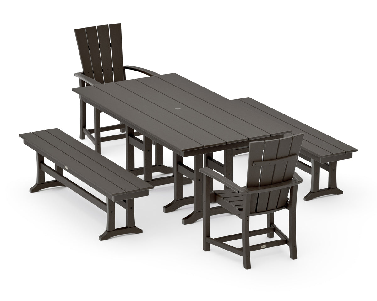 POLYWOOD Quattro 5-Piece Farmhouse Dining Set with Benches - 37" x 72" Table in Vintage Coffee