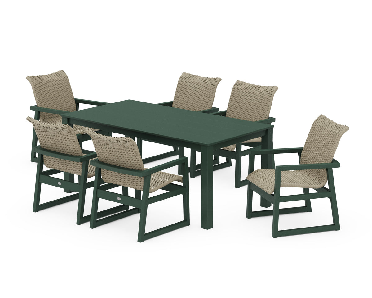 POLYWOOD EDGE Woven Arm Chair 7-Piece Parsons Dining Set in Green / Dune Grass