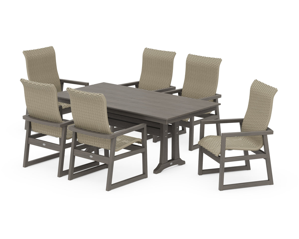 POLYWOOD EDGE Woven High-Back Arm Chair 7-Piece Farmhouse Dining Set with Trestle Legs in Driftwood / Dune Grass