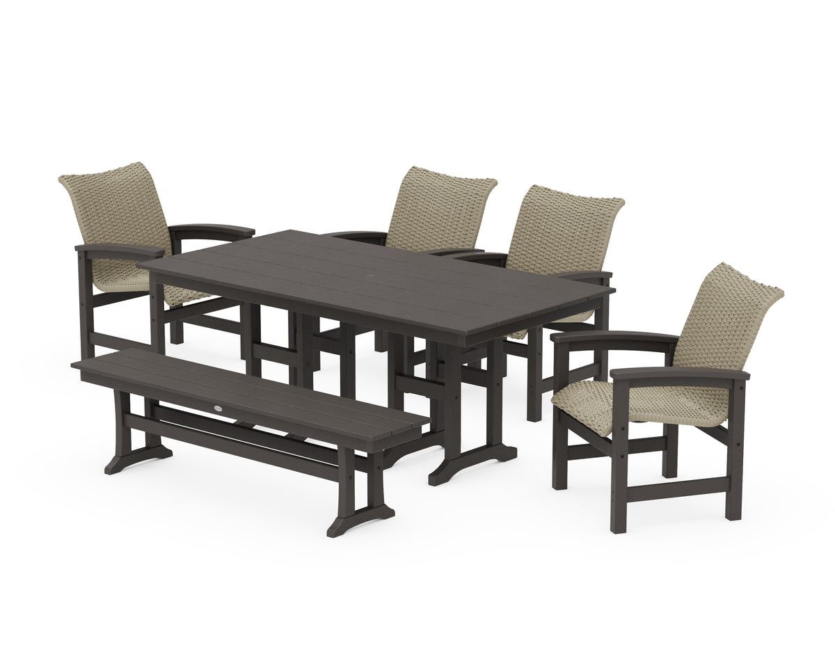 POLYWOOD Coastal Woven 6-Piece Farmhouse Dining Set with Bench with Farmhouse 37" x 72" Dining Table in Vintage Coffee / Dune Grass