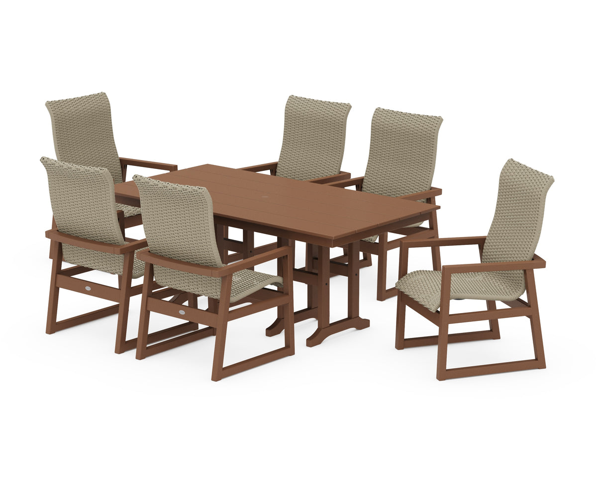 POLYWOOD EDGE Woven High-Back Arm Chair 7-Piece Farmhouse Dining Set in Teak / Dune Grass