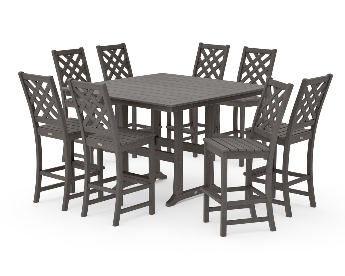 POLYWOOD Country Living Wovendale Side Chair 9-Piece Square Bar Set with Trestle Legs in Driftwood