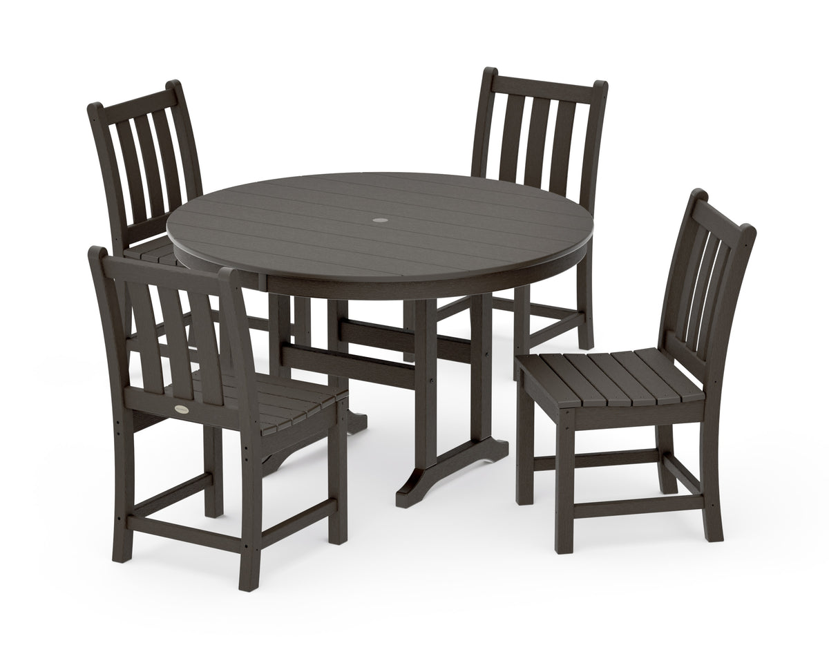 POLYWOOD Traditional Garden Side Chair 5-Piece Round Farmhouse Dining Set in Vintage Coffee