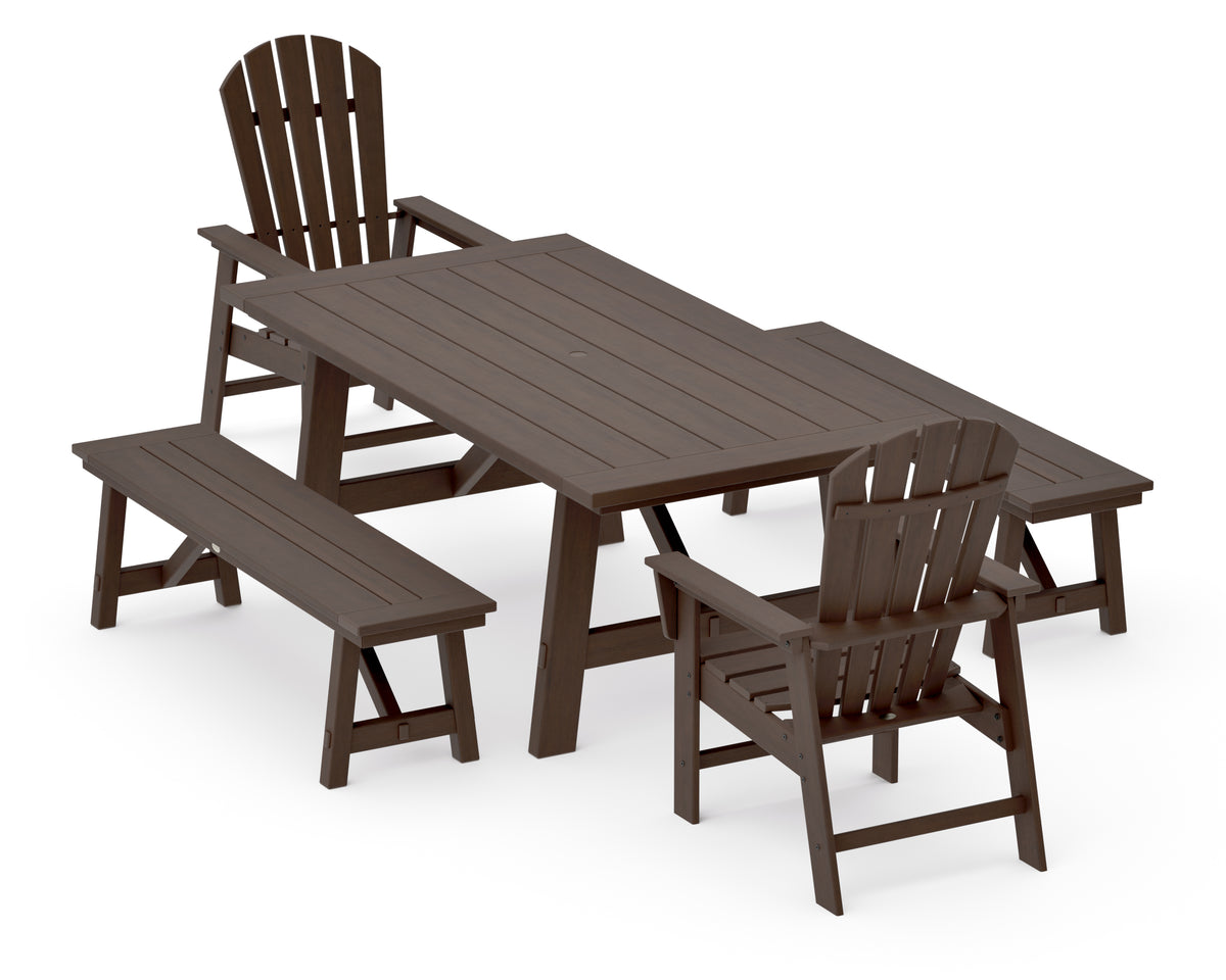 POLYWOOD South Beach 5-Piece Rustic Farmhouse Dining Set with Benches in Kona
