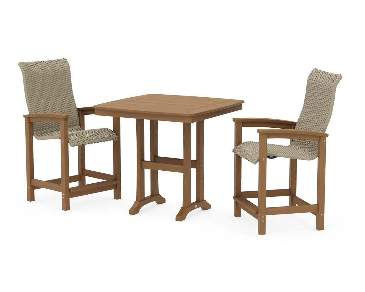 POLYWOOD Coastal Woven High-Back 3-Piece Counter Set with Trestle Legs in Natural / Dune Grass
