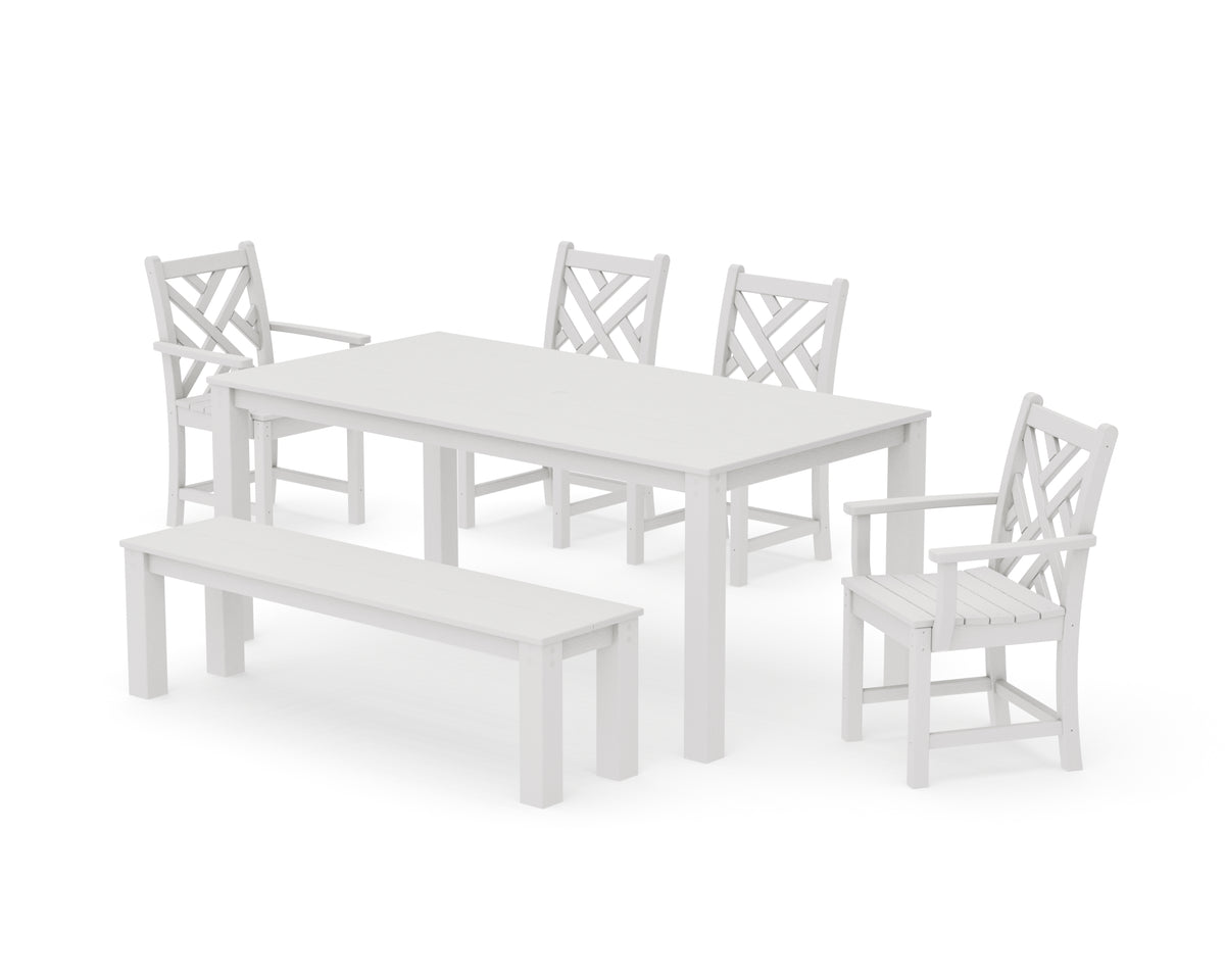 POLYWOOD Chippendale 6-Piece Parsons Dining Set with Bench with Chippendale Dining Side Chair in Vintage White