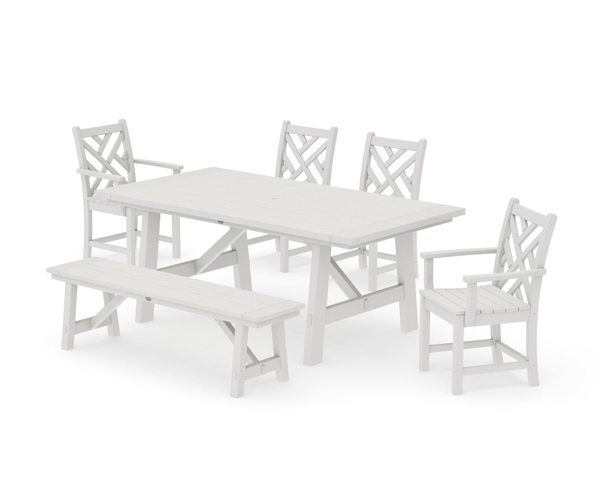 POLYWOOD Chippendale 6-Piece Rustic Farmhouse Dining Set with Bench in Vintage White