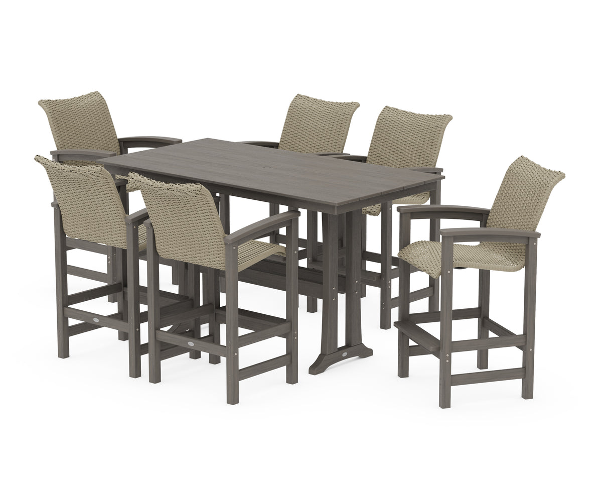 POLYWOOD Coastal Woven Arm Chair 7-Piece Farmhouse Bar Set with Trestle Legs in Driftwood / Dune Grass