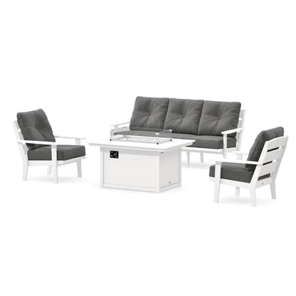 POLYWOOD Lakeside Deep Seating Fire Pit Table Set in White