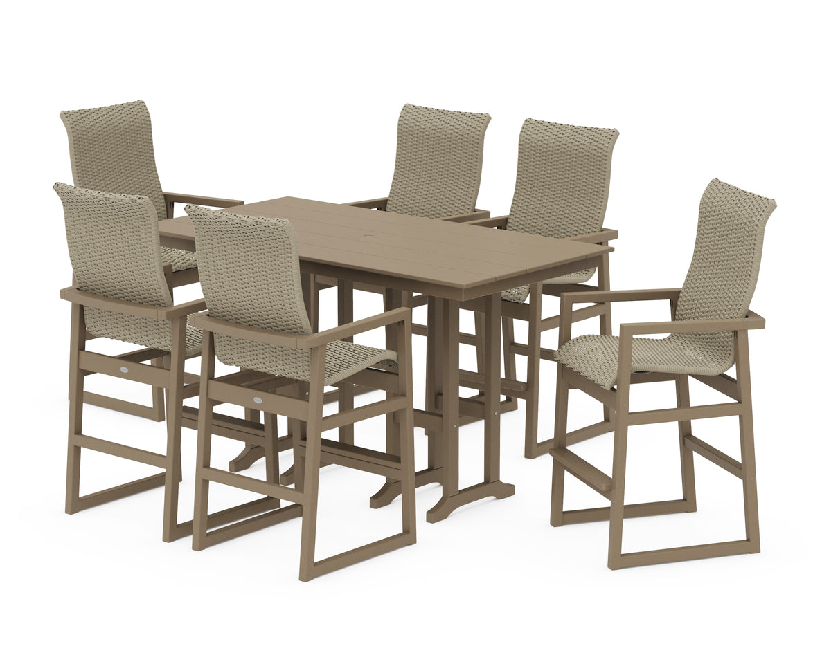 POLYWOOD EDGE Woven Highback Arm Chair 7-Piece Farmhouse Bar Set in Vintage Sahara / Dune Grass