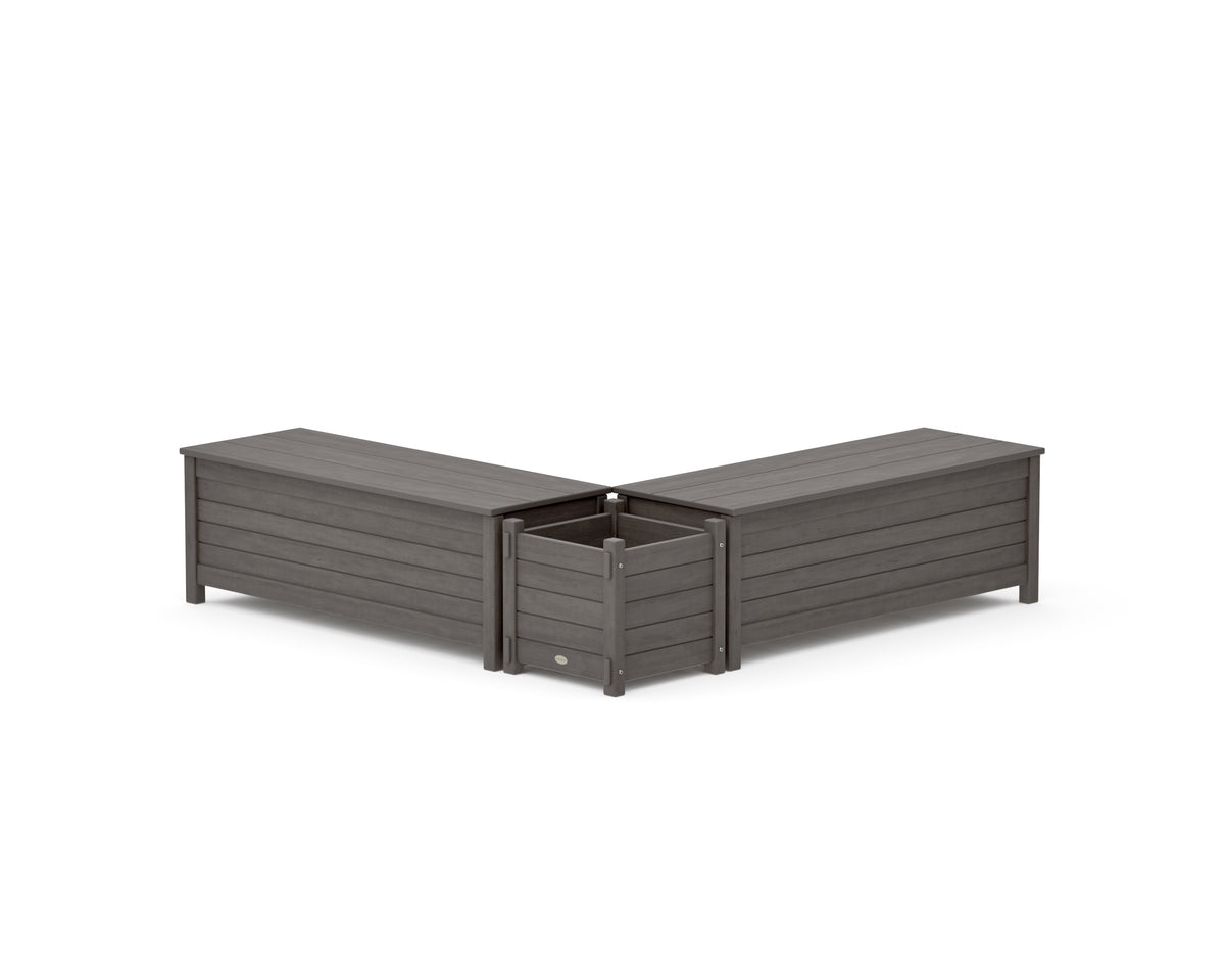 POLYWOOD 48" Nautical L-Shaped Planter Storage Bench Set in Driftwood