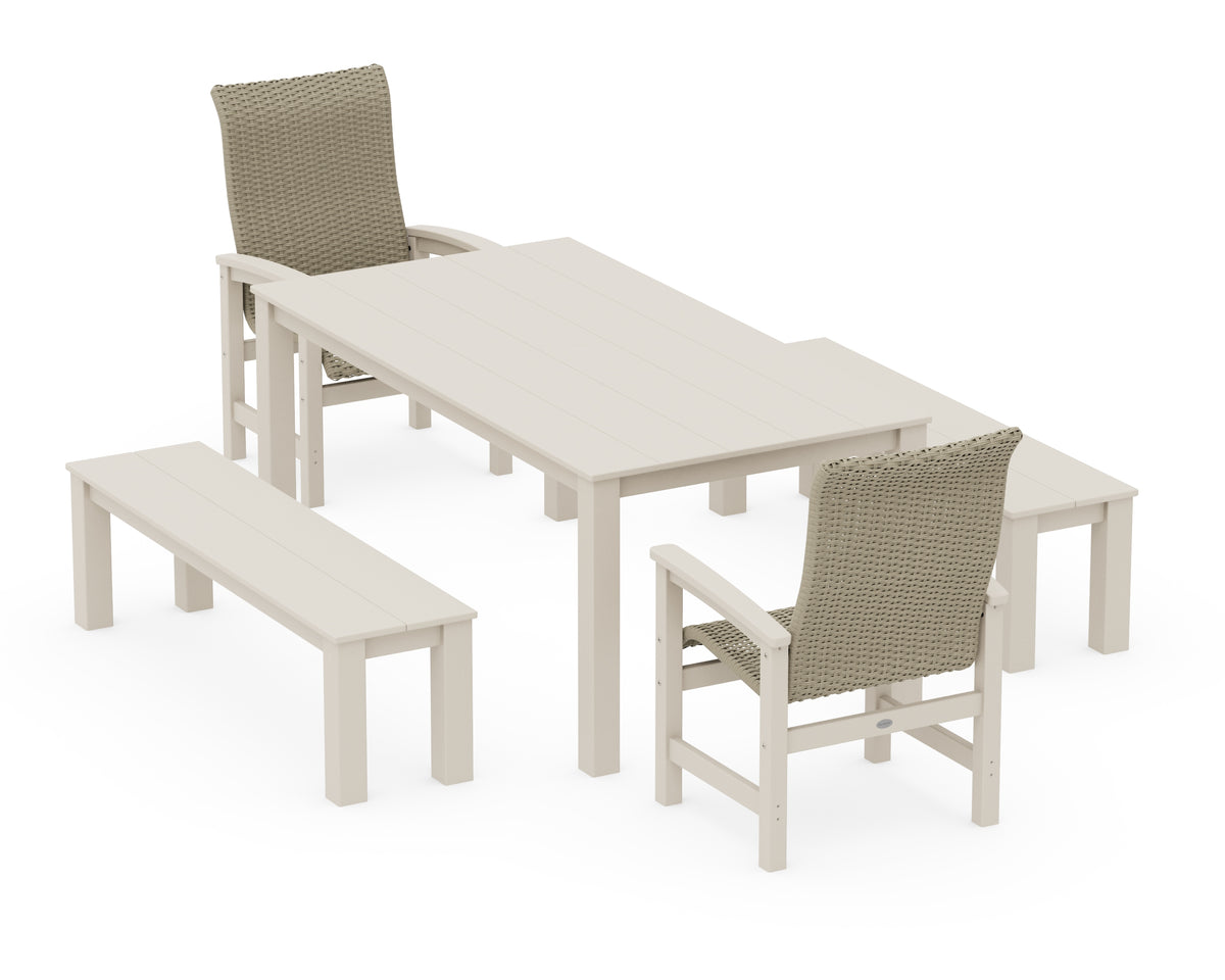 POLYWOOD Coastal Woven High-Back 5-Piece Parsons Dining Set with Benches in Sand / Dune Grass
