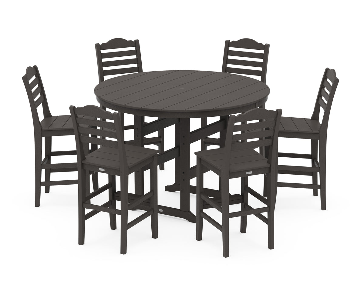 POLYWOOD Savannah 7-Piece Farmhouse Side Chair Round Bar Set in Vintage Coffee