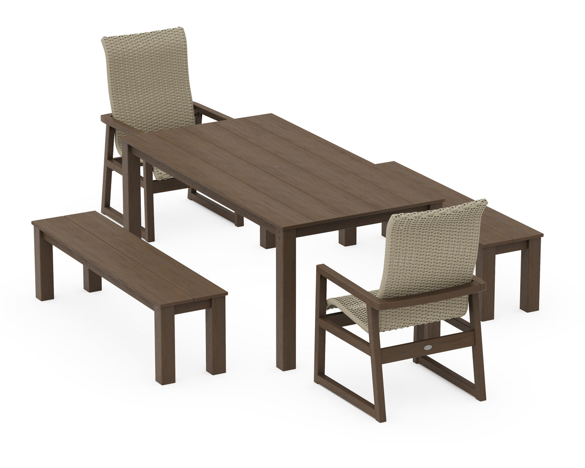 POLYWOOD EDGE Woven High-Back 5-Piece Parsons Dining Set with Benches in Kona / Dune Grass