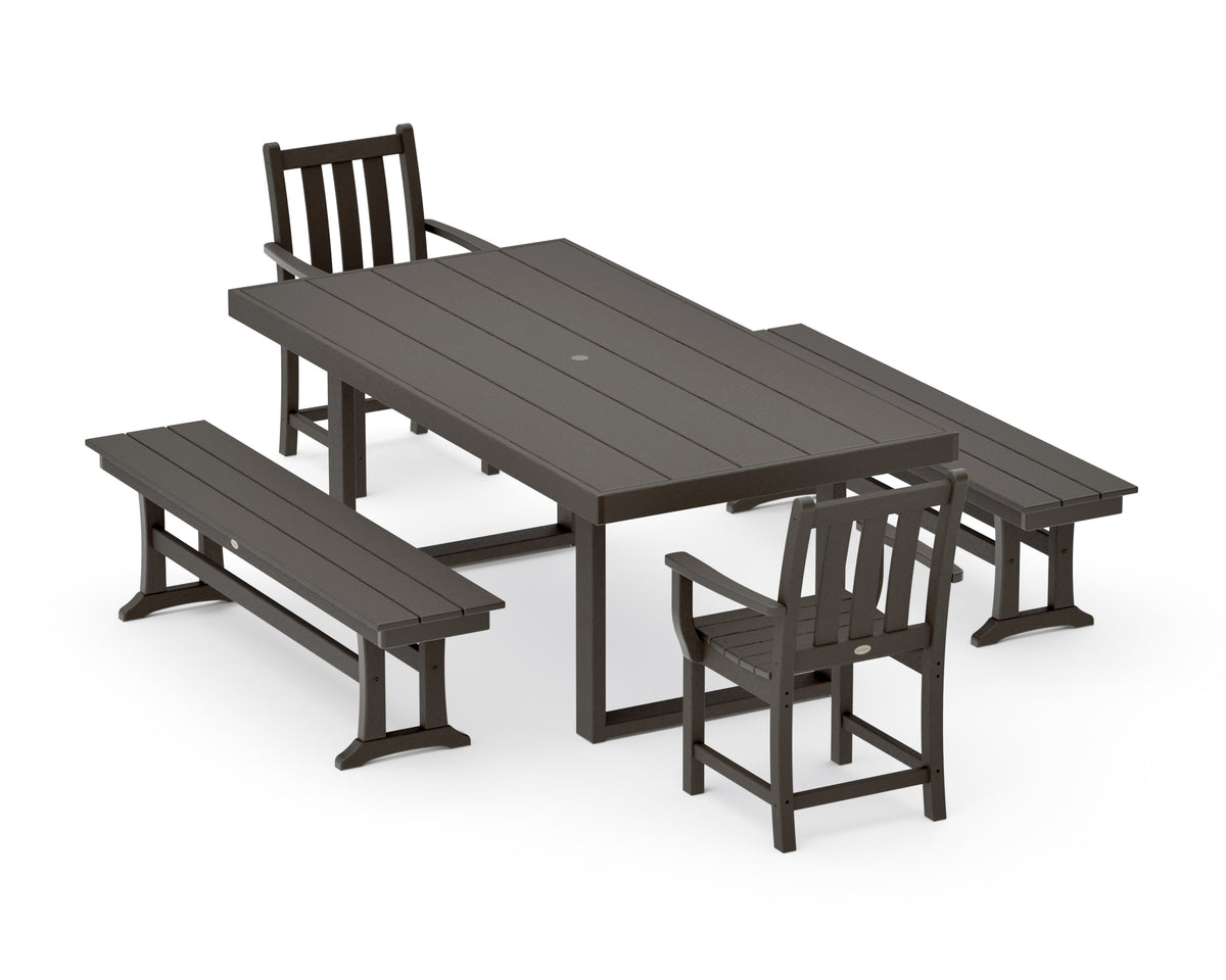 POLYWOOD Traditional Garden 5-Piece Dining Set with Benches - 39" x 78" Table in Vintage Coffee