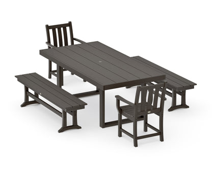 POLYWOOD Traditional Garden 5-Piece Dining Set with Benches - 39" x 78" Table in Vintage Coffee