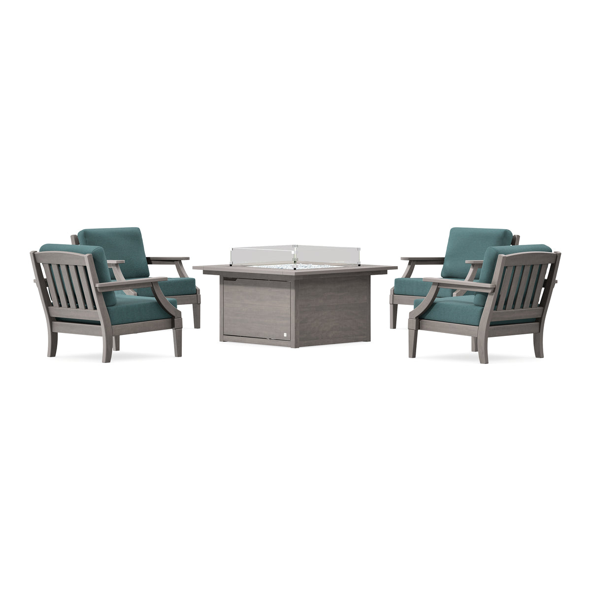 POLYWOOD PW Designer Series Estate 5-Piece Lounge Fire Table Set in Driftwood / Ocean Teal