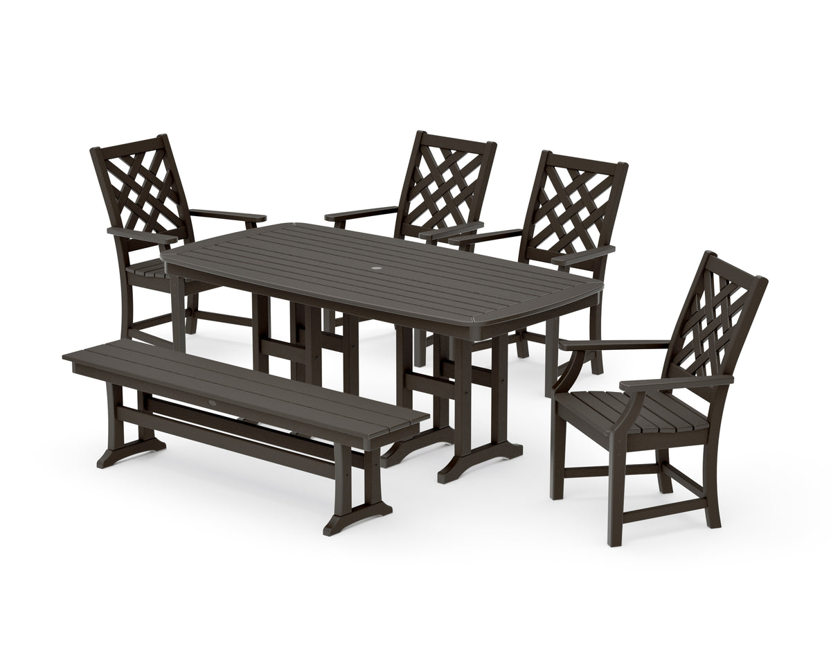 POLYWOOD Country Living Wovendale 6-Piece Farmhouse Dining Set with Bench with Nautical 37" x 72" Dining Table in Vintage Coffee