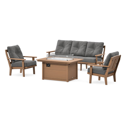POLYWOOD Mission Deep Seating Fire Pit Table Set in Teak