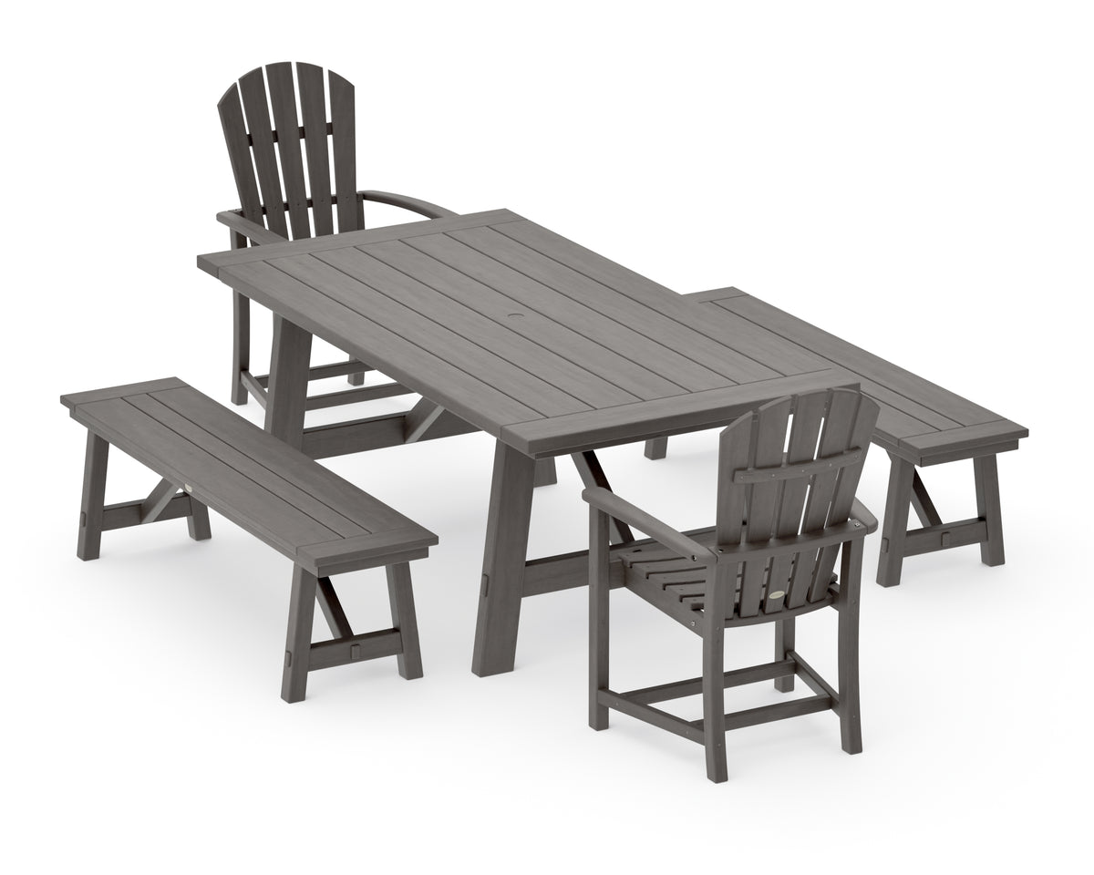 POLYWOOD Palm Coast 5-Piece Rustic Farmhouse Dining Set with Benches in Driftwood