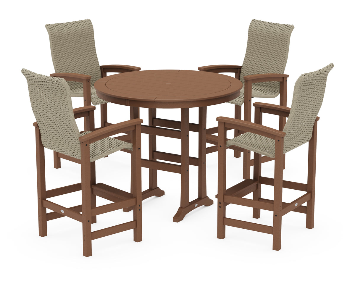 POLYWOOD Coastal Woven High-Back 5-Piece Round Bar Set in Teak / Dune Grass