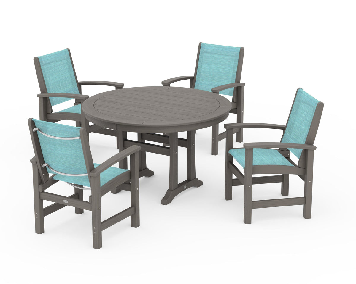 POLYWOOD Coastal 5-Piece Round Dining Set with Trestle Legs in Driftwood / Dupioni Aquamarine