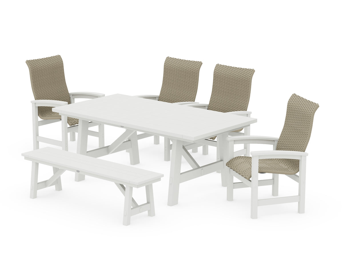 POLYWOOD Coastal Woven High-Back 6-Piece Rustic Farmhouse Dining Set with Bench in Vintage White / Dune Grass