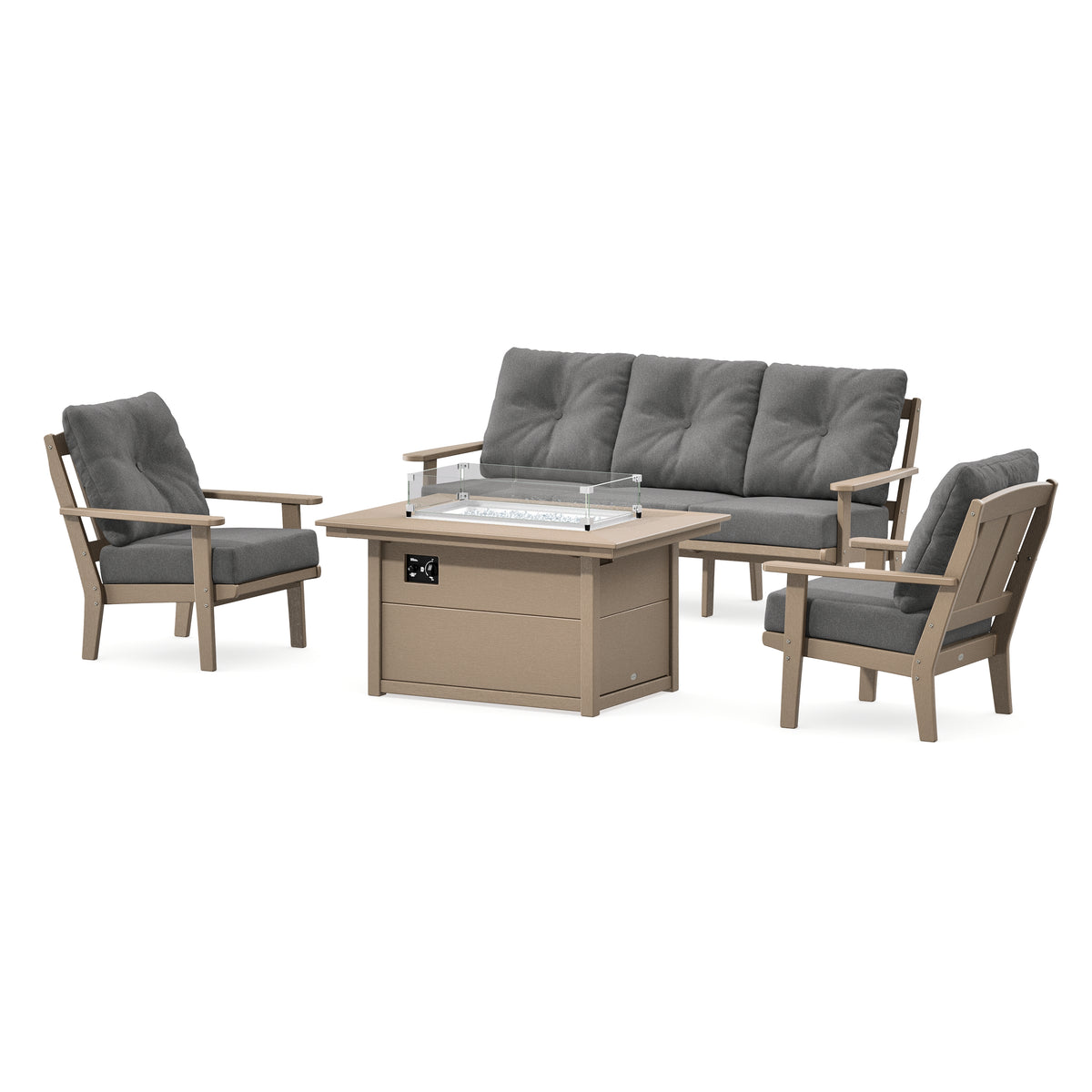 POLYWOOD Mission Deep Seating Fire Pit Table Set in Vintage Sahara