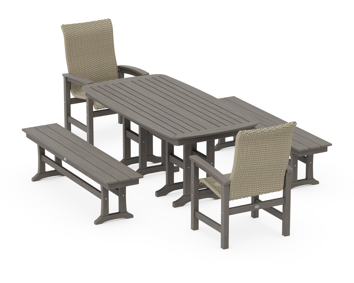 POLYWOOD Coastal Woven High-Back 5-Piece Dining Set with Benches in Driftwood / Dune Grass