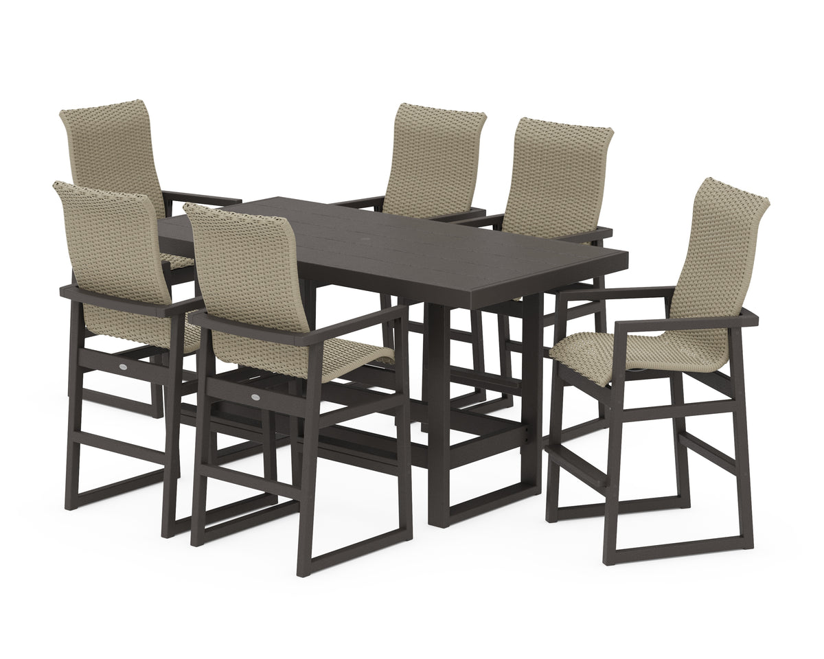 POLYWOOD EDGE Woven Highback Arm Chair 7-Piece Bar Set in Vintage Coffee / Dune Grass