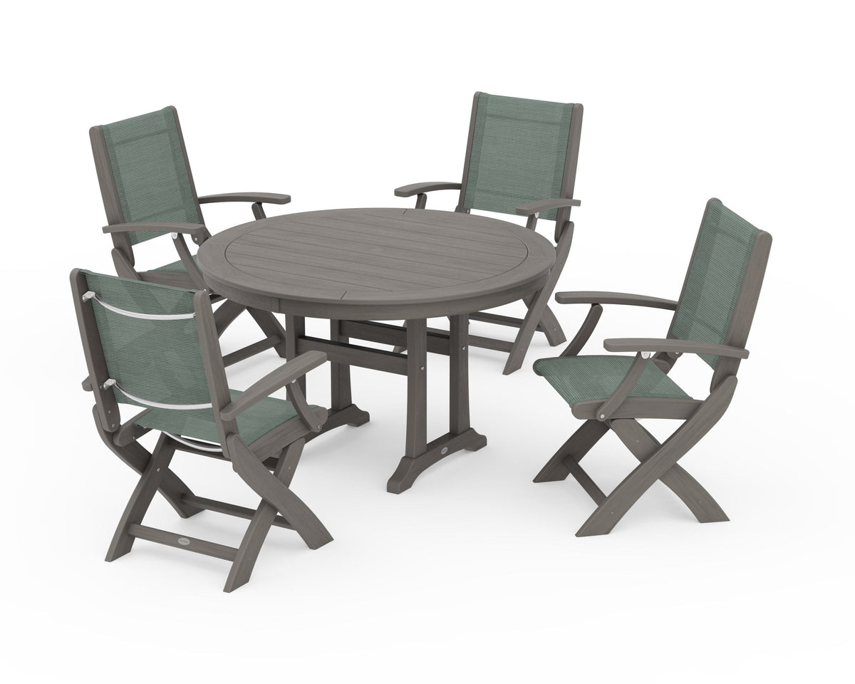 POLYWOOD Coastal Folding Chair 5-Piece Round Dining Set with Trestle Legs in Driftwood / Dupioni Sea Mist