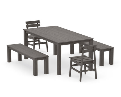 POLYWOOD Modern Studio Plaza Chair 5-Piece Parsons Dining Set with Benches - 38" x 72" Table in Driftwood