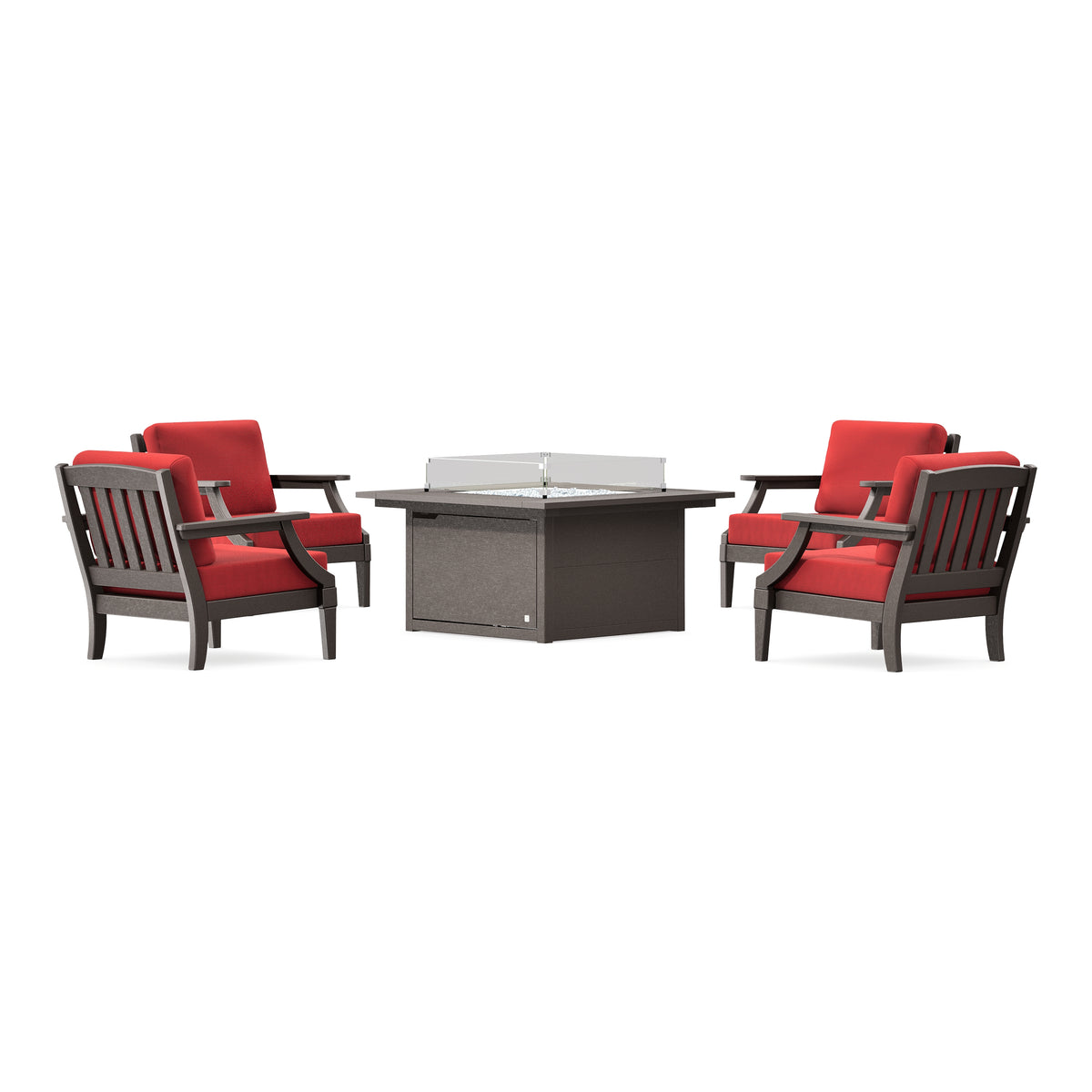 POLYWOOD PW Designer Series Estate 5-Piece Lounge Fire Table Set in Vintage Coffee / Crimson Linen