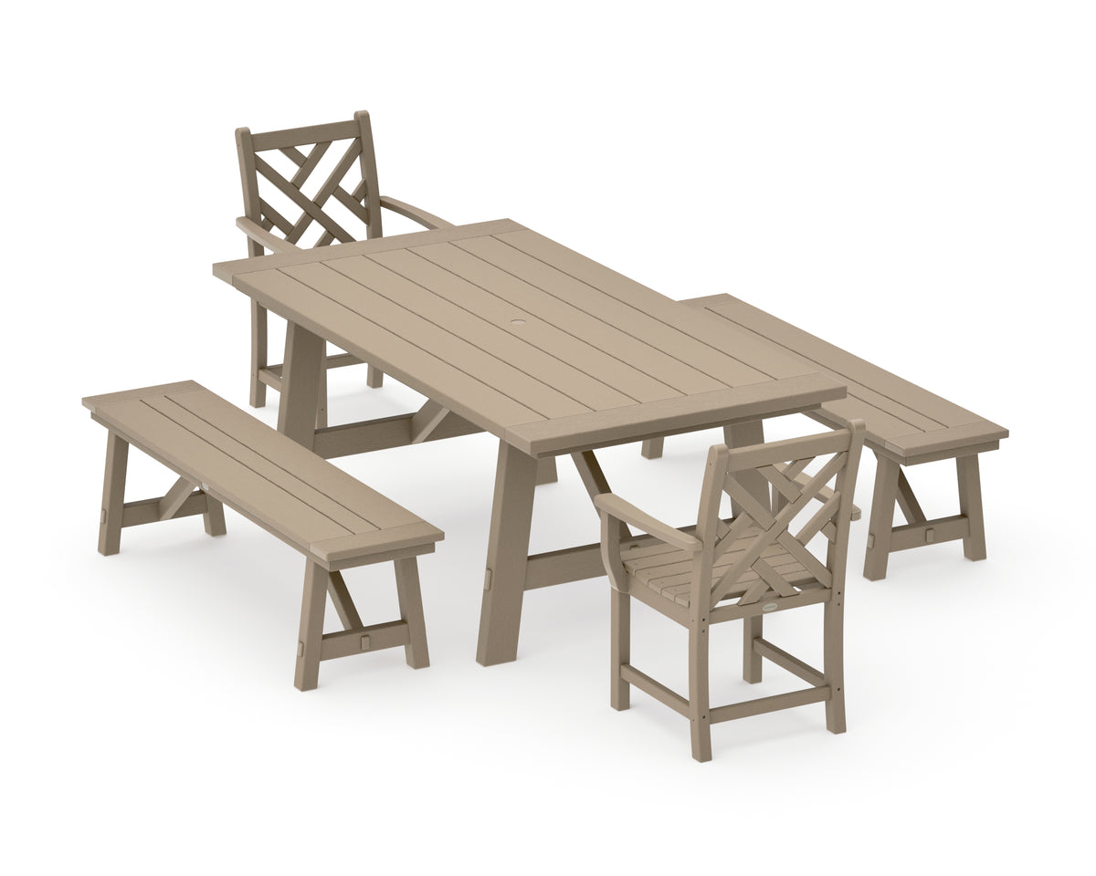 POLYWOOD Chippendale 5-Piece Rustic Farmhouse Dining Set with Benches in Vintage Sahara