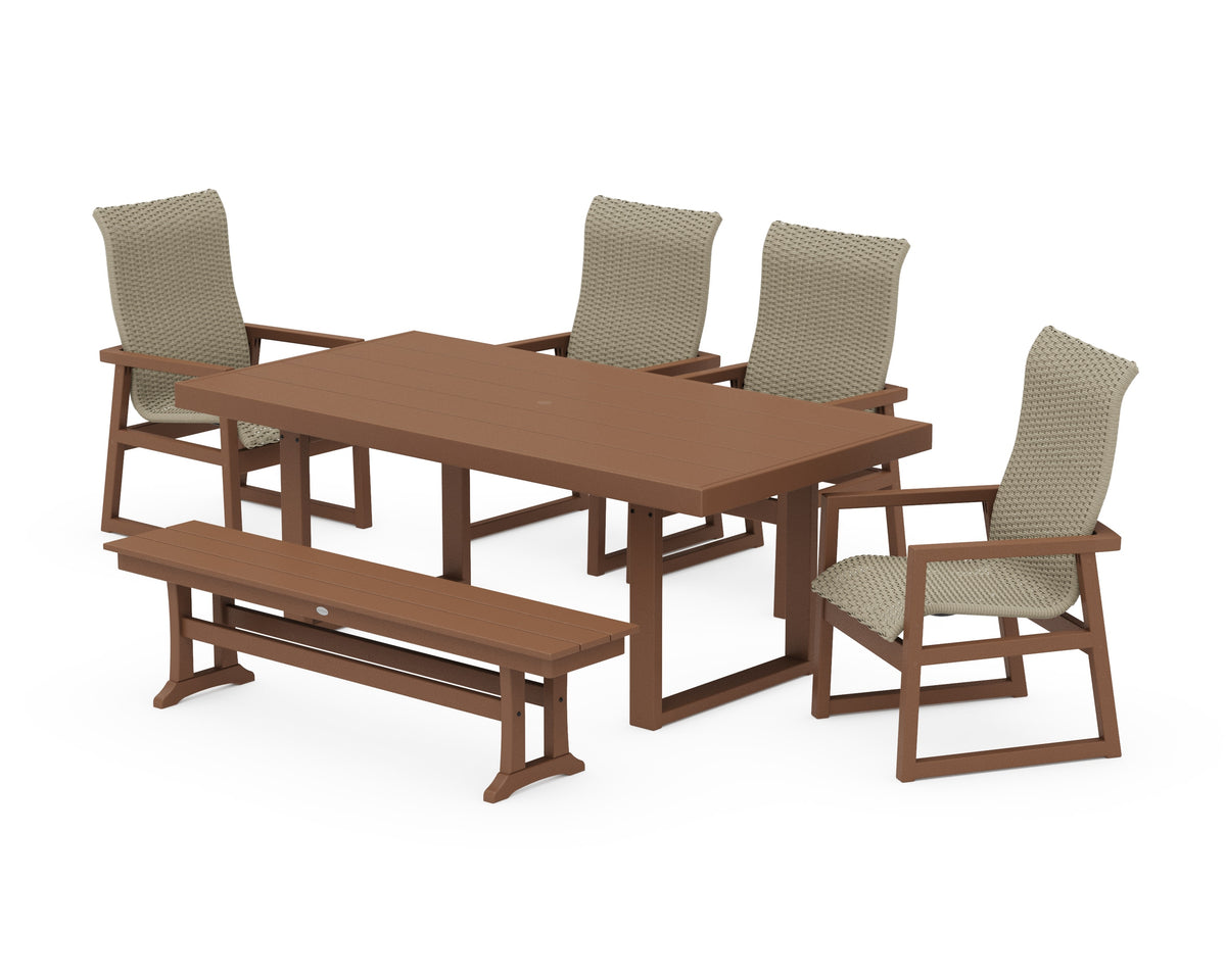 POLYWOOD EDGE Woven High-Back 6-Piece Dining Set with Bench in Teak / Dune Grass