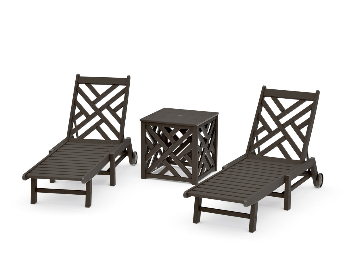 POLYWOOD Chippendale 3-Piece Chaise Set with Wheels and Umbrella Stand Accent Table in Vintage Coffee