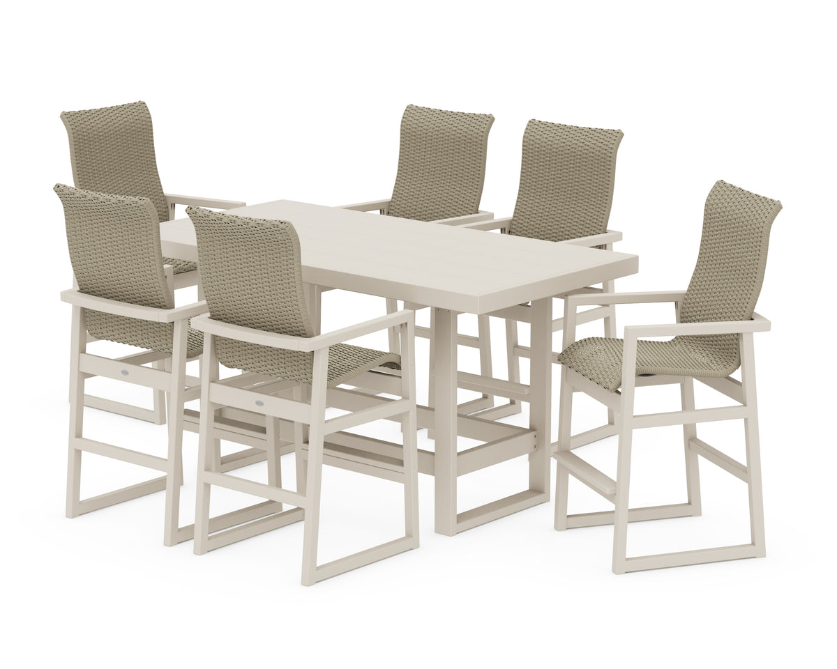 POLYWOOD EDGE Woven Highback Arm Chair 7-Piece Bar Set in Sand / Dune Grass