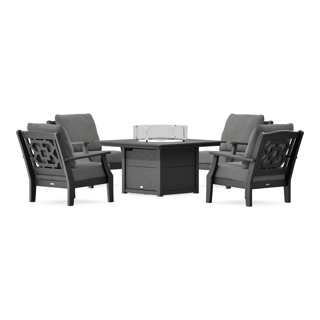 POLYWOOD Chinoiserie 5-Piece Deep Seating Set with Fire Pit Table in Black