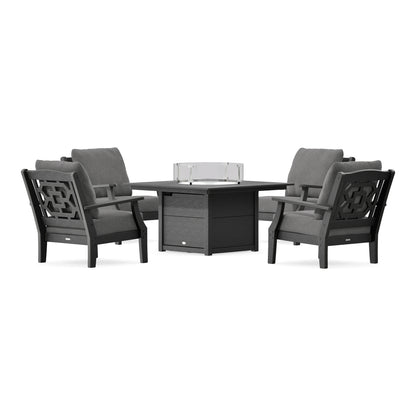 POLYWOOD Chinoiserie 5-Piece Deep Seating Set with Fire Pit Table in Black