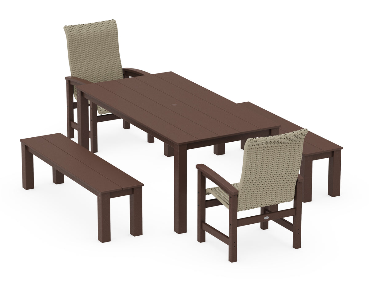 POLYWOOD Coastal Woven High-Back 5-Piece Parsons Dining Set with Benches in Mahogany / Dune Grass