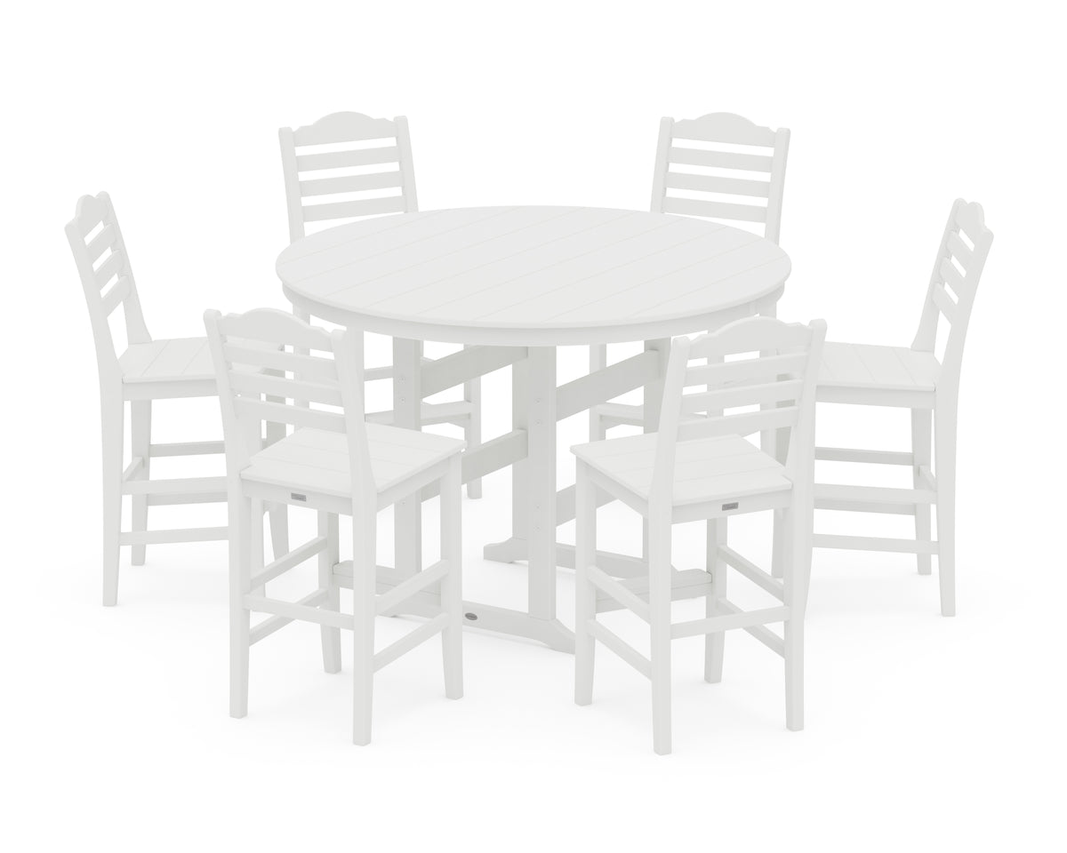 POLYWOOD Savannah 7-Piece Farmhouse Side Chair Round Bar Set in White