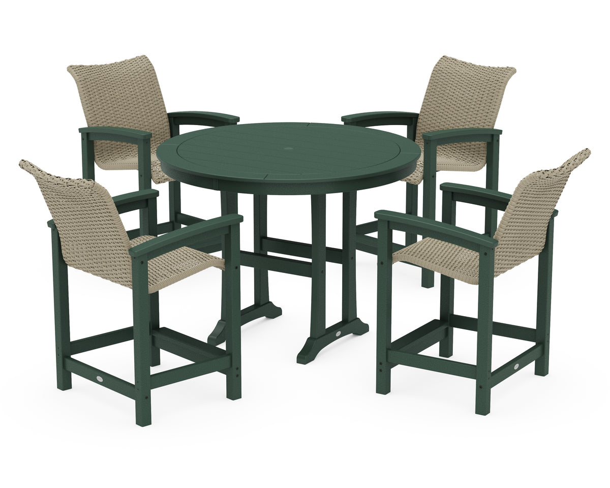 POLYWOOD Coastal Woven 5-Piece Round Counter Set in Green / Dune Grass