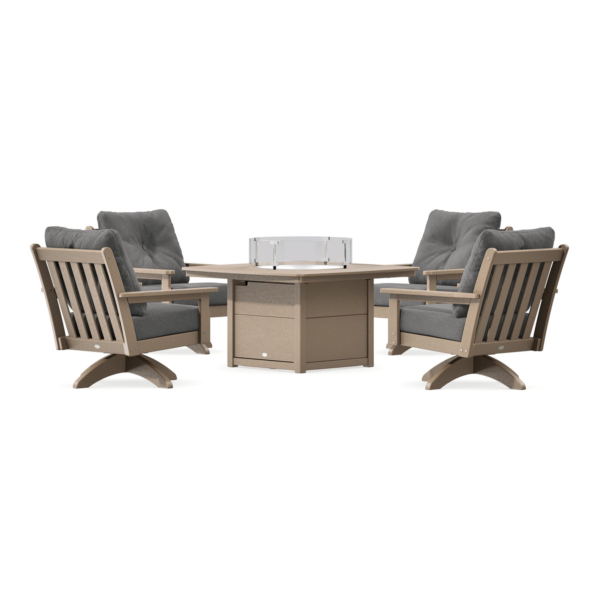 POLYWOOD Vineyard 5-Piece Deep Seating Swivel Conversation Set with Fire Pit Table in Vintage Sahara