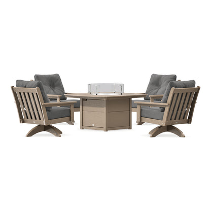 POLYWOOD Vineyard 5-Piece Deep Seating Swivel Conversation Set with Fire Pit Table in Vintage Sahara