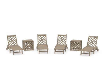 POLYWOOD Chippendale 6-Piece Chaise Set with Wheels and Umbrella Stand Accent Table in Vintage Sahara