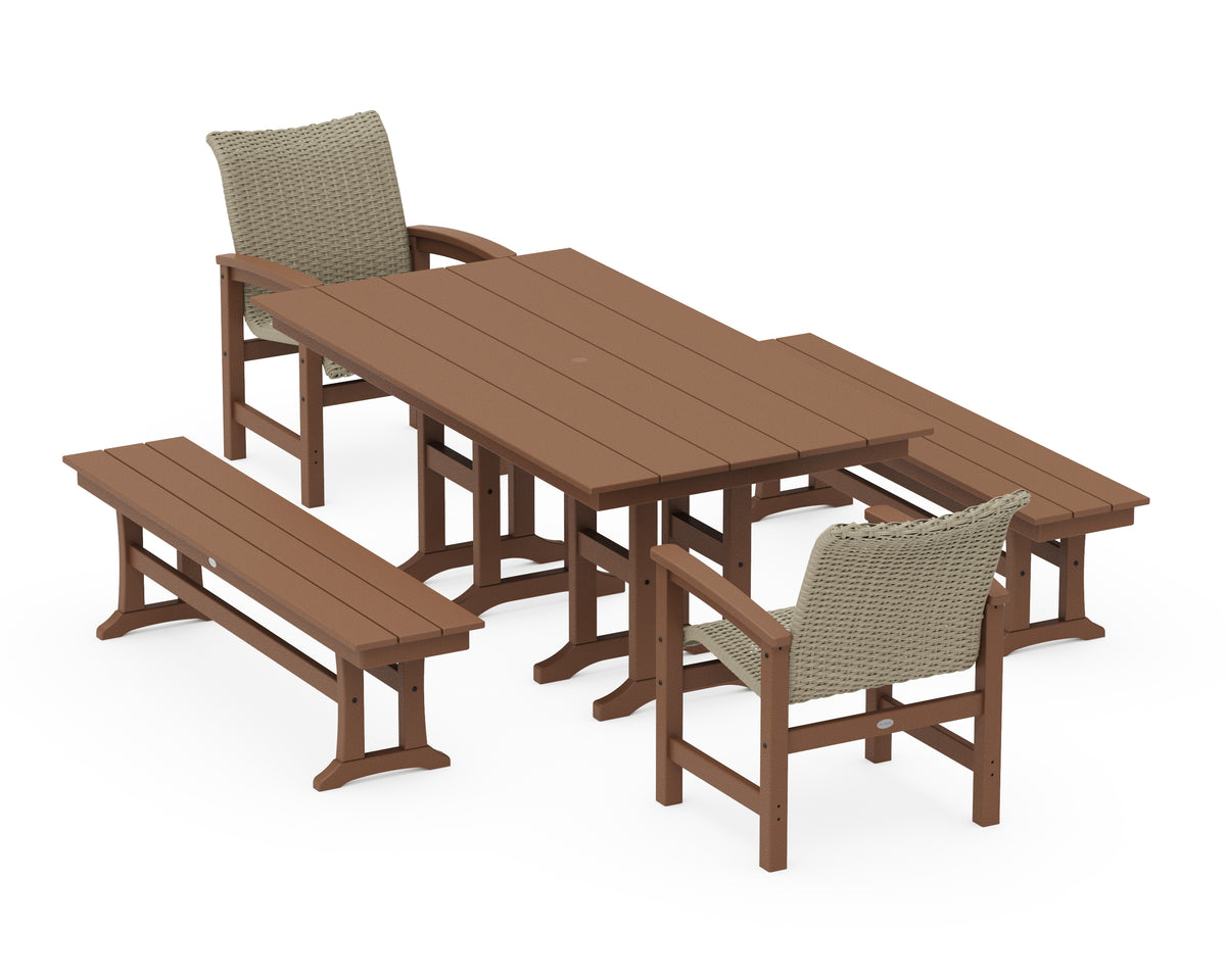 POLYWOOD Coastal Woven 5-Piece Farmhouse Dining Set with Benches in Teak / Dune Grass