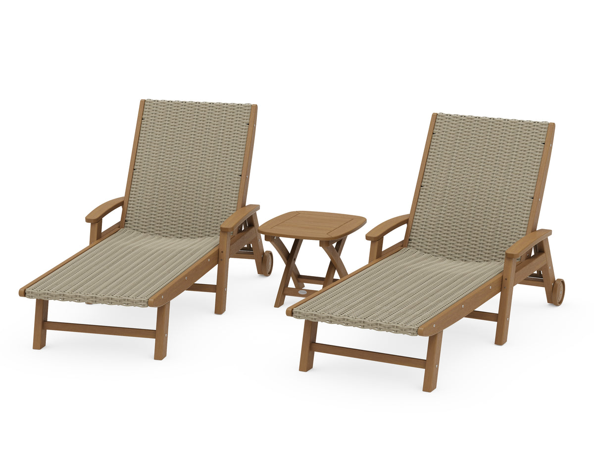 POLYWOOD 3-Piece Coastal Woven Chaise with Arms and Wheels Lounge Set in Natural / Dune Grass