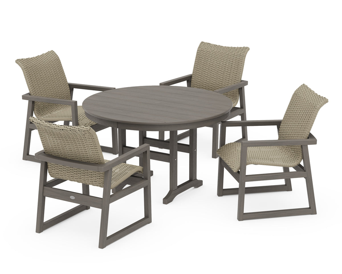POLYWOOD EDGE Woven 5-Piece Round Farmhouse Dining Set in Driftwood / Dune Grass